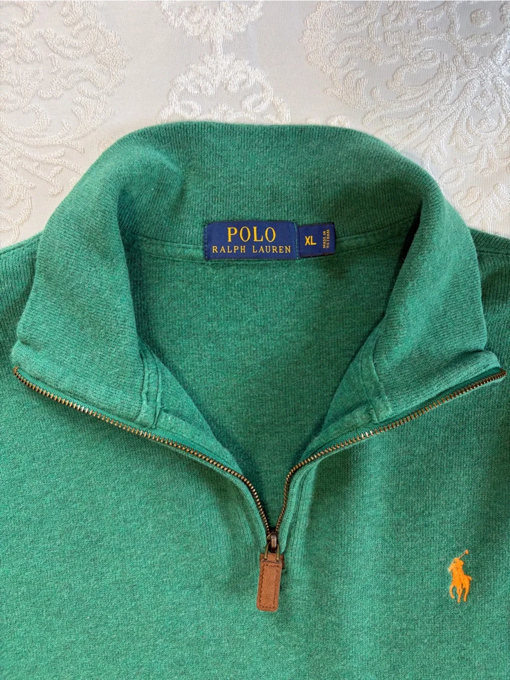 Polo Ralph Lauren Estate Quarter Zip Pullover Sweater Green Orange Pony Size XL
